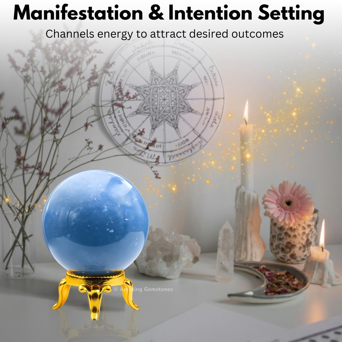 Amazing Gemstone Angelite Crystal Ball with Stand - 2" Inches Crystal Sphere Meditation Balls for Witchcraft and Decorative Balls