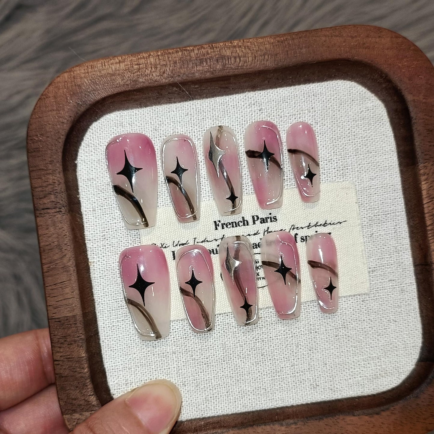 TENPAL Pink Ombre Silver Coffin Acrylic Nails,Handmade Press On Nails With Tools,Glossy Y2K Star Glitter Designs Glue on Nails,Cute Cool Retro Kawaii Kpop False Fake Nails for Women 10Pcs(XS)