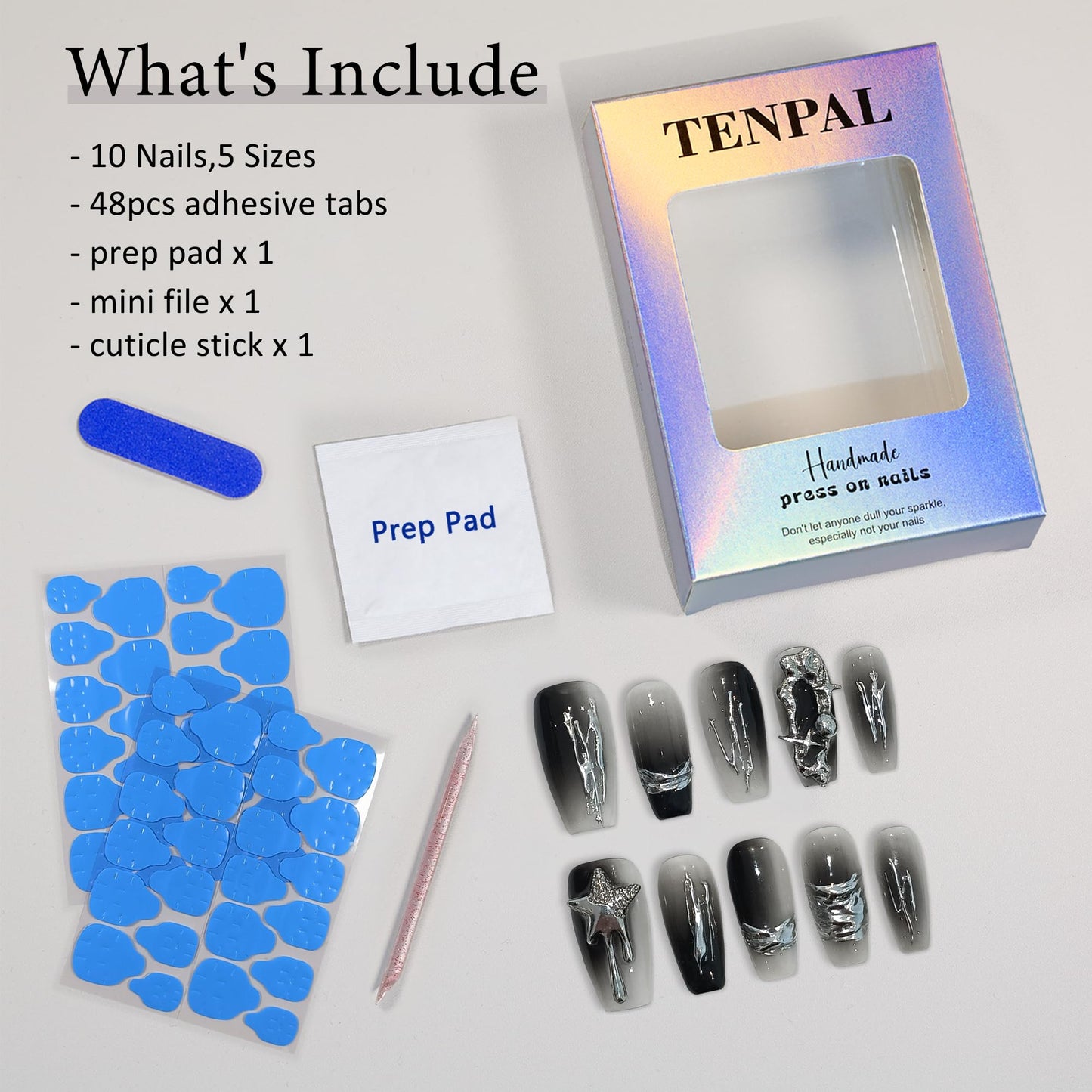 TENPAL 10PCS Medium Coffin Press on Nails with Tools Kit - Airbrush Metallic Color Clash & Gothic 3D Charms Glue on Nails | Rebel Sweetheart Fake Nails | Dark Abstract Gradient False Manicure Set(XS)