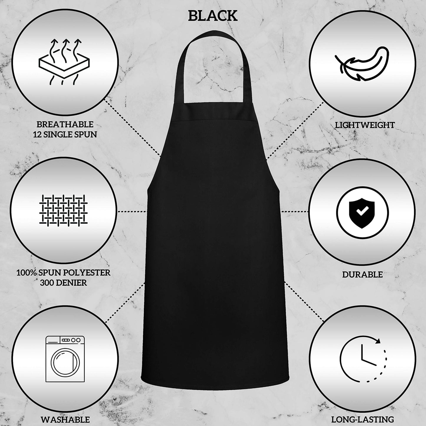GREEN LIFESTYLE 12 Pack Bib Apron - Unisex Black Aprons, Machine Washable Aprons for Men and Women, Kitchen Cooking BBQ Bulk (Pack of 12, No Pockets, Black)