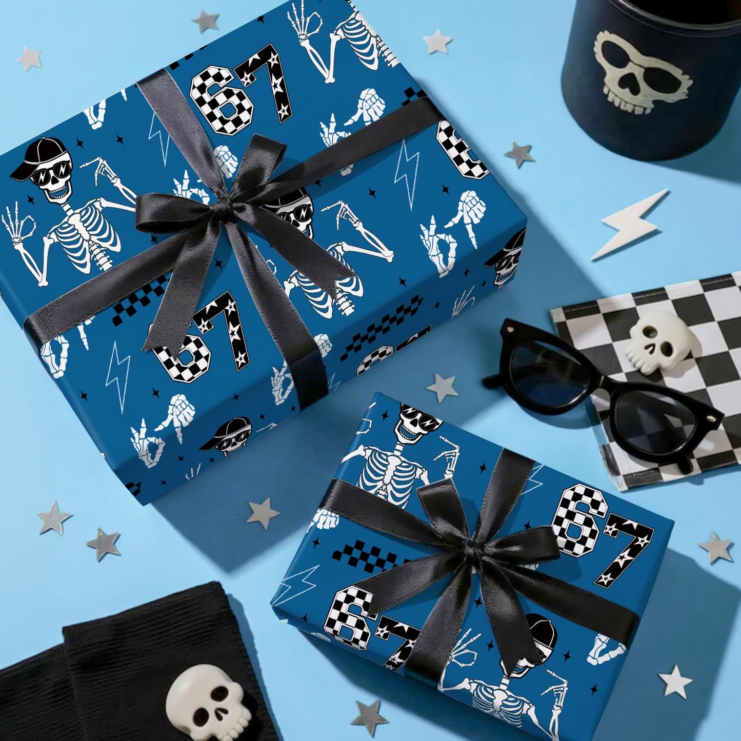RUSPEPA 67 Skeleton Wrapping Paper Roll, Mini Roll, Blue Cool Street Style 67 Meme Design with Skeleton, Checkered & Lightning, Funny Gift Wrap for Kids, Boys, Teens, Birthday, 17 Inches x 16.4 Feet