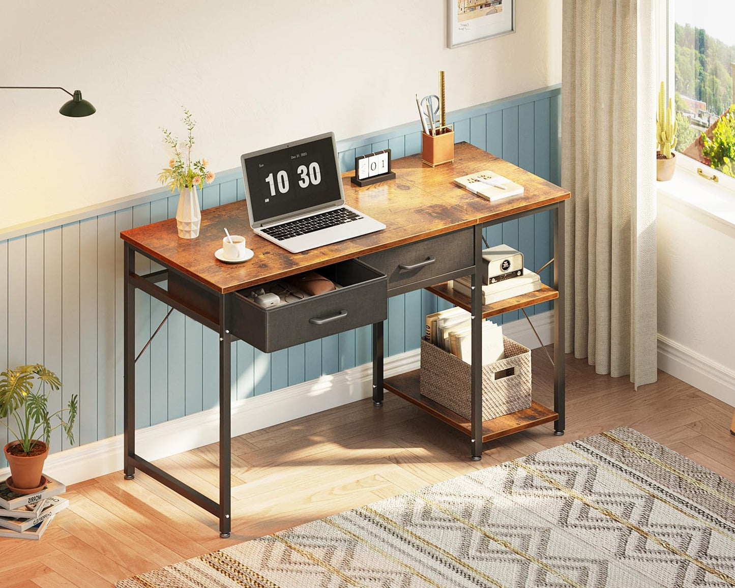 Coleshome Small Computer Desk with Drawers, 40 Inch Reversible Home Office Desk with Storage Shelves, Study Laptop Desk for Bedroom Small Space, Rustic Brown