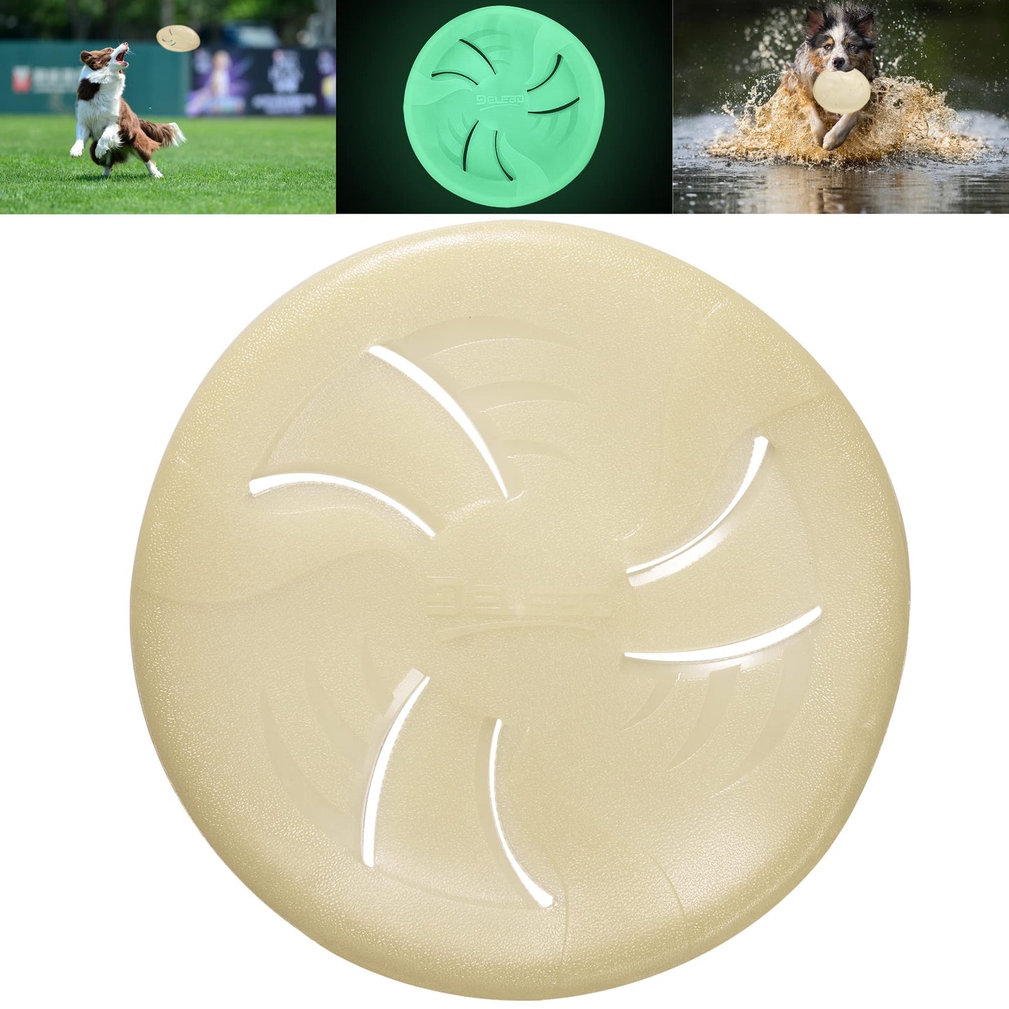 HONGEZEY Glow-in-The-Dark Flying Discs, Interactive Dog Flyer Toys, Soft Lightweight Dog Catch and Fetch Toys, Floats in Water & Safe on Teeth, 9 inch (Large, Glow)