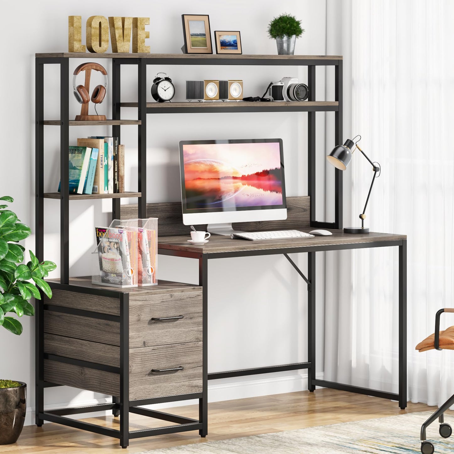 Tribesigns 55 Inch Computer Desk with 2 Drawers and Storage Shelves, Rustic Office Desk with Hutch, Study Writing Gaming Table Laptop Workstation for Home Office (Grey)