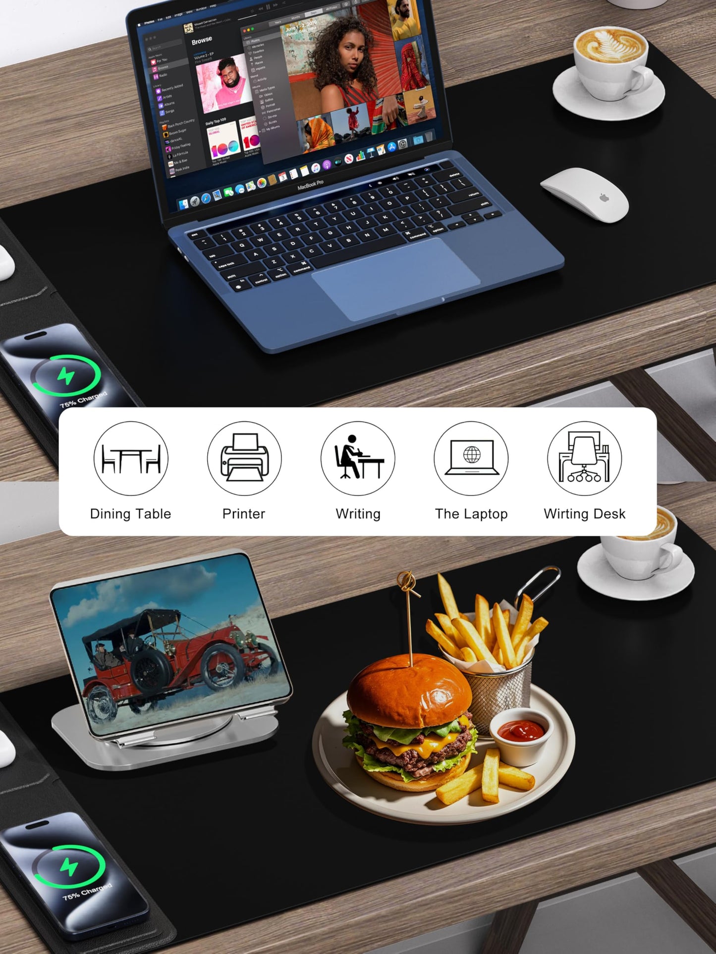 Wireless Charging Mouse Pad with Foldable Phone Holder, 31.5" x 15.8" XXL Large Desk Pad, Gaming Mousepad with Ultra-Smooth Surface, Non-Slip Base, Black Waterproof Desk Mat, with 20W PD Charging Kit