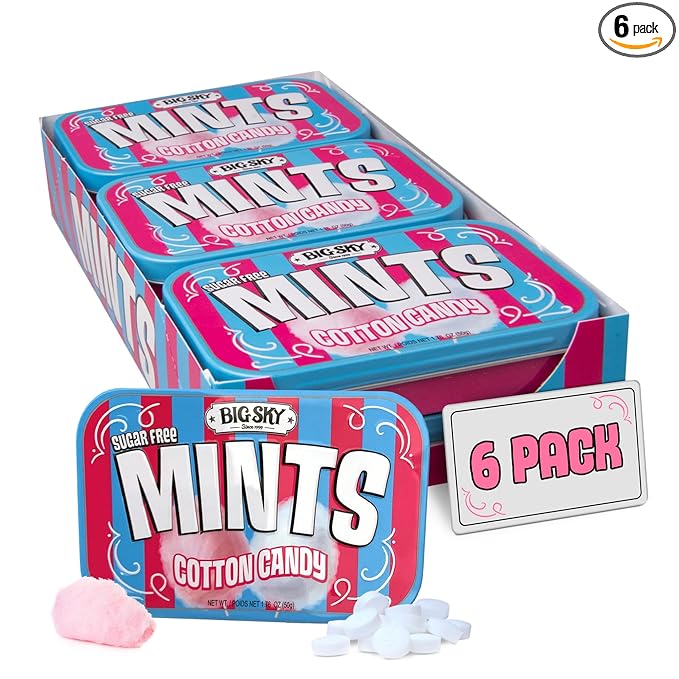 Big Sky Sugar Free Mints Cotton Candy | Sugarfree, No Artificial Colors or Flavors | Kosher Certified, Vegan, Gluten Free | Aspartame & Xylitol Free | 50 Count Tin (Pack of 6)