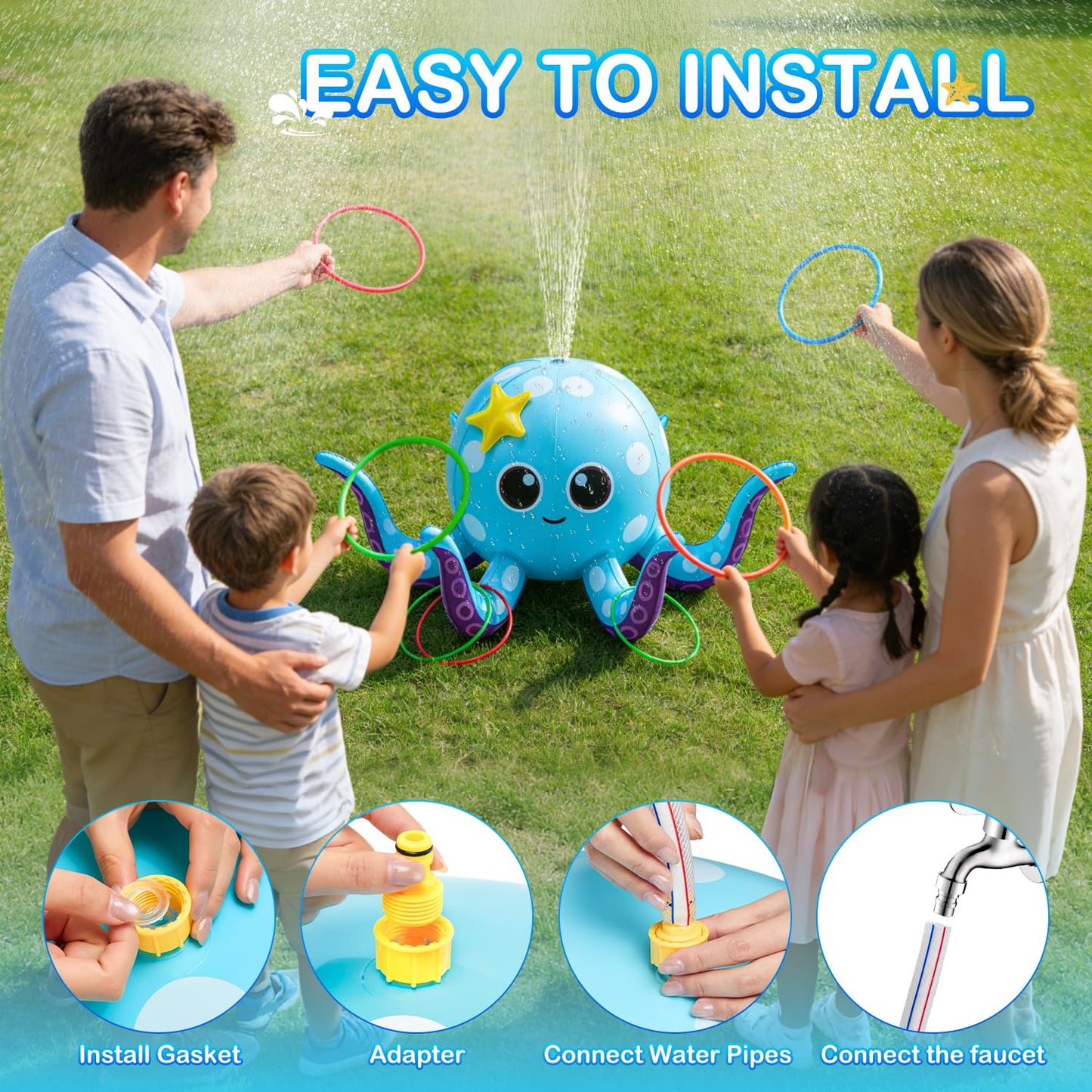 Sprinkler for Kids, Inflatable Octopus Water Toys with 6 Rings, Kids Sprinklers for Yard, Summer Outdoor Toys Backyard Water Spray Sprinkler Fun Toy for 3 4 5 6 7 8 Years and Up Boys Girls Gifts