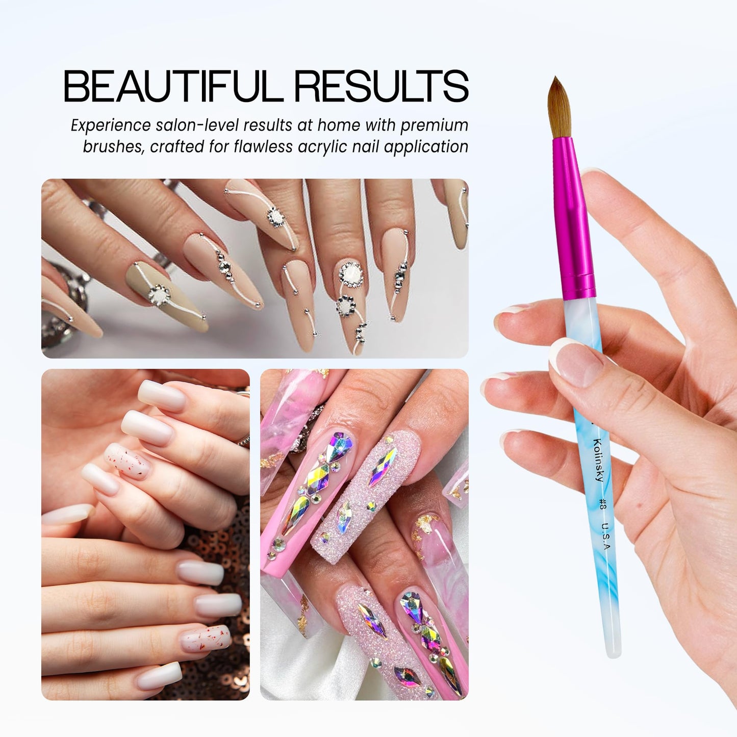 PANA USA Acrylic Nail Brush Pure Kolinsky Hair Acrylic White Swirl Blue Handle with Pink Ferrule Round Shaped - Size 8