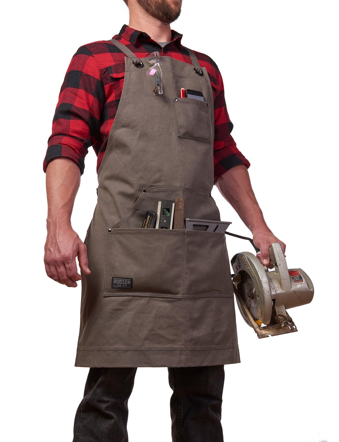 Hudson Durable Goods Heavy Duty Waxed Canvas Work Apron with Tool Pockets (Black), Cross-Back Straps & Adjustable M to XXL (Grey)