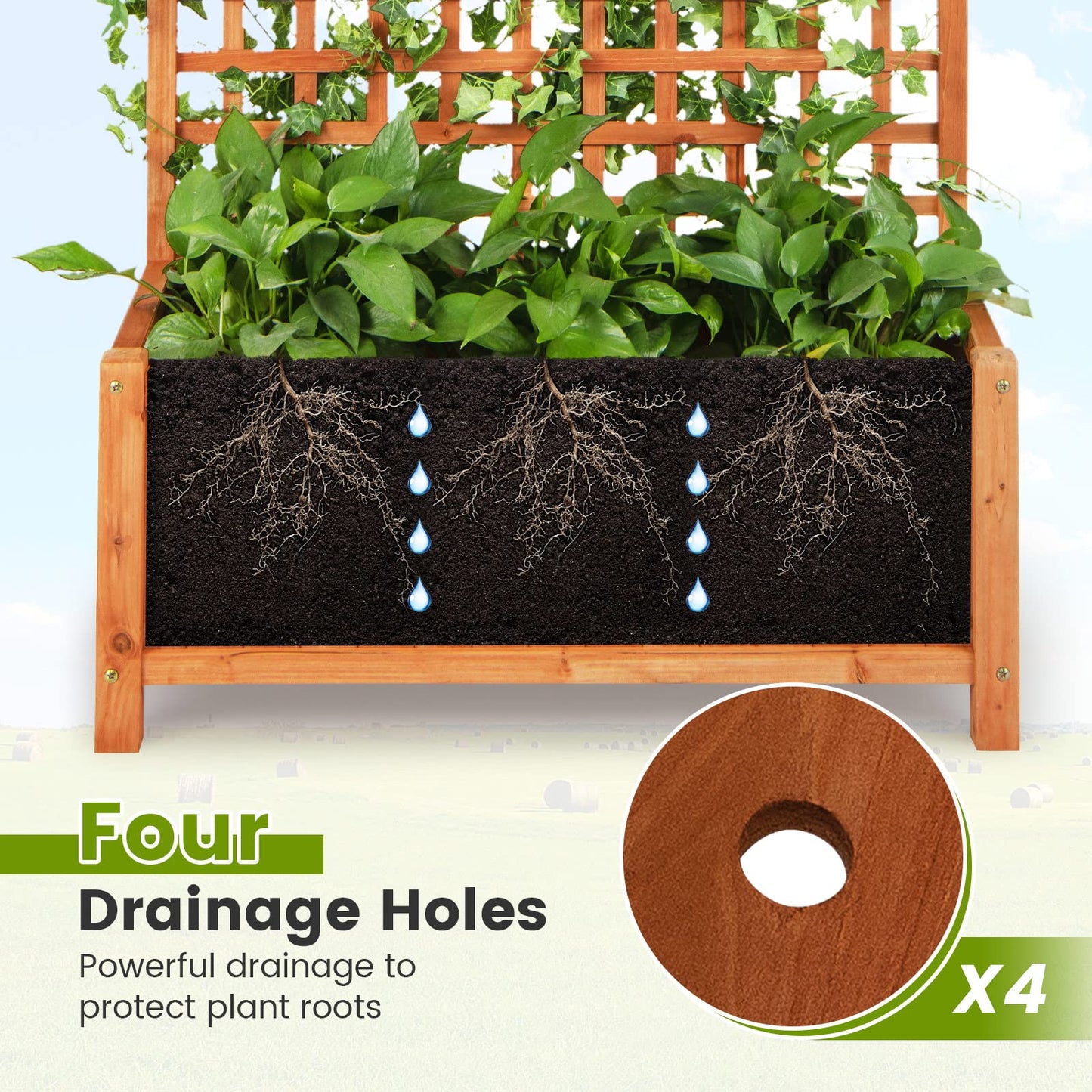 HAPPYGRILL Raised Garden Bed with Trellis, 72.5" Planter Raised Bed with Drainage Holes, Freestanding Garden Box for Vine Climbing Plants, Wooden Planter Box for Yard Balcony (1, Orange)