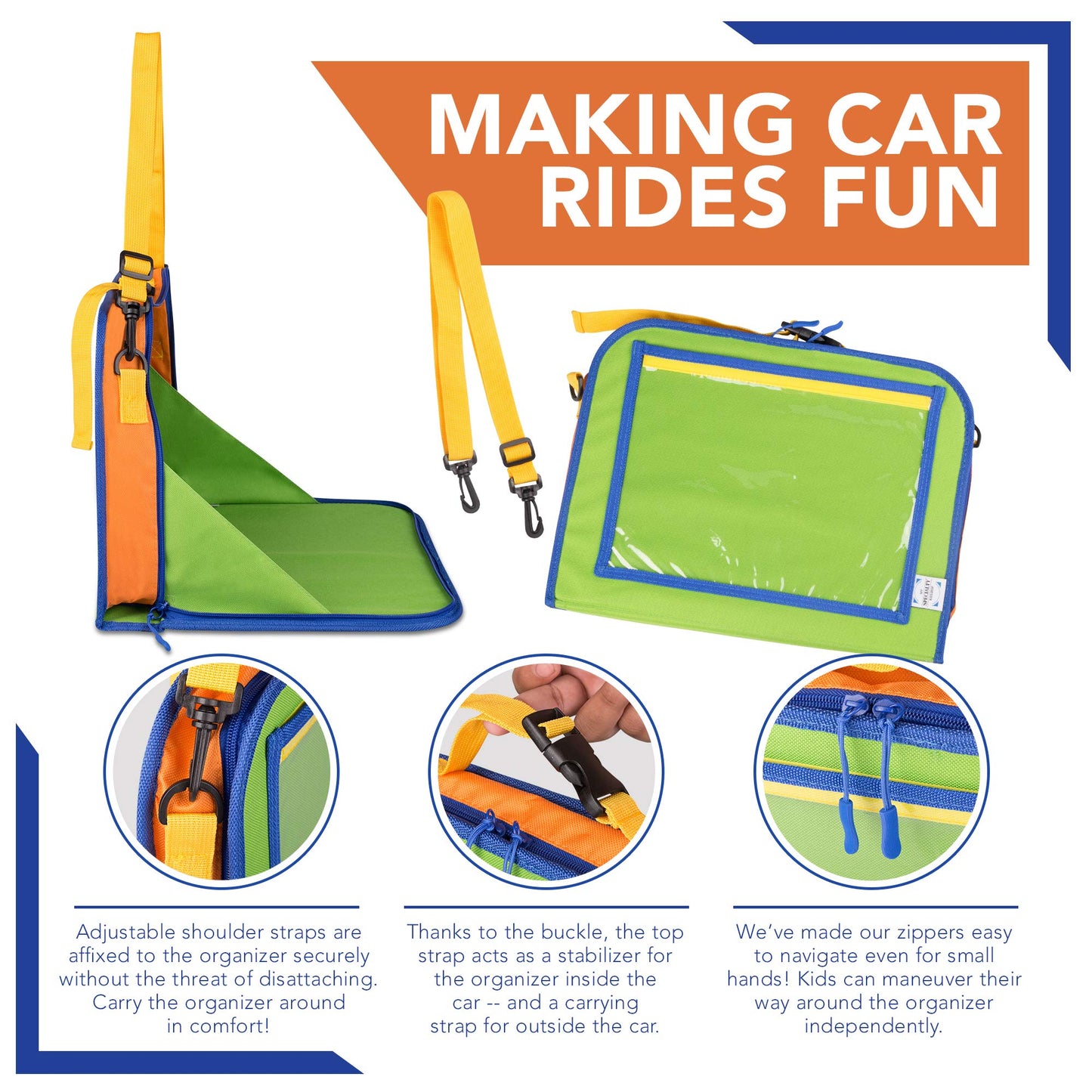 Car Organizer Back Seat for Kids & Tablet Holder for Car with Kick Mats & Lap Tray – Car Accessories Interior Must Have Road Trip Essentials (Age 3+) – Fold Away Tray with Car Seat Pocket Holders