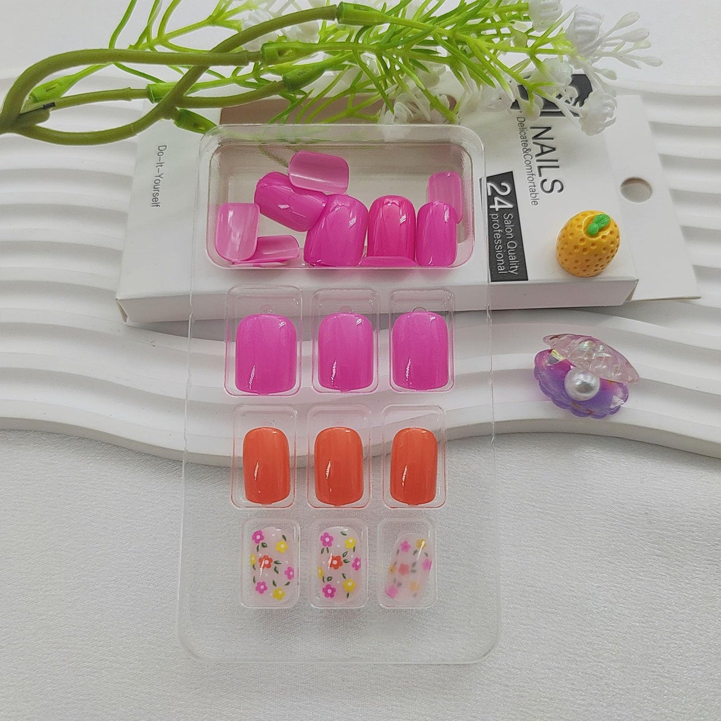 Pink Press on Nails Short Square Fake Nails with Colorful Flower Designs Orange Nails Press ons Glossy Glue on Nails Spring Acrylic Nails Cute Flase Nails Stick on Nails for Women 24Pcs