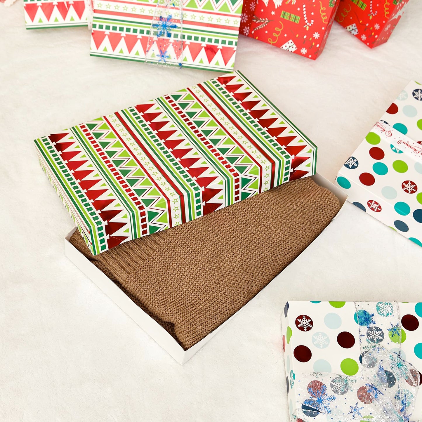 SUNCOLOR Christmas Gift Boxes with Lids For Clothes Presents, 14x9.5x2 Inch, Cardboard, 4 Festive Designs, 12 Pack
