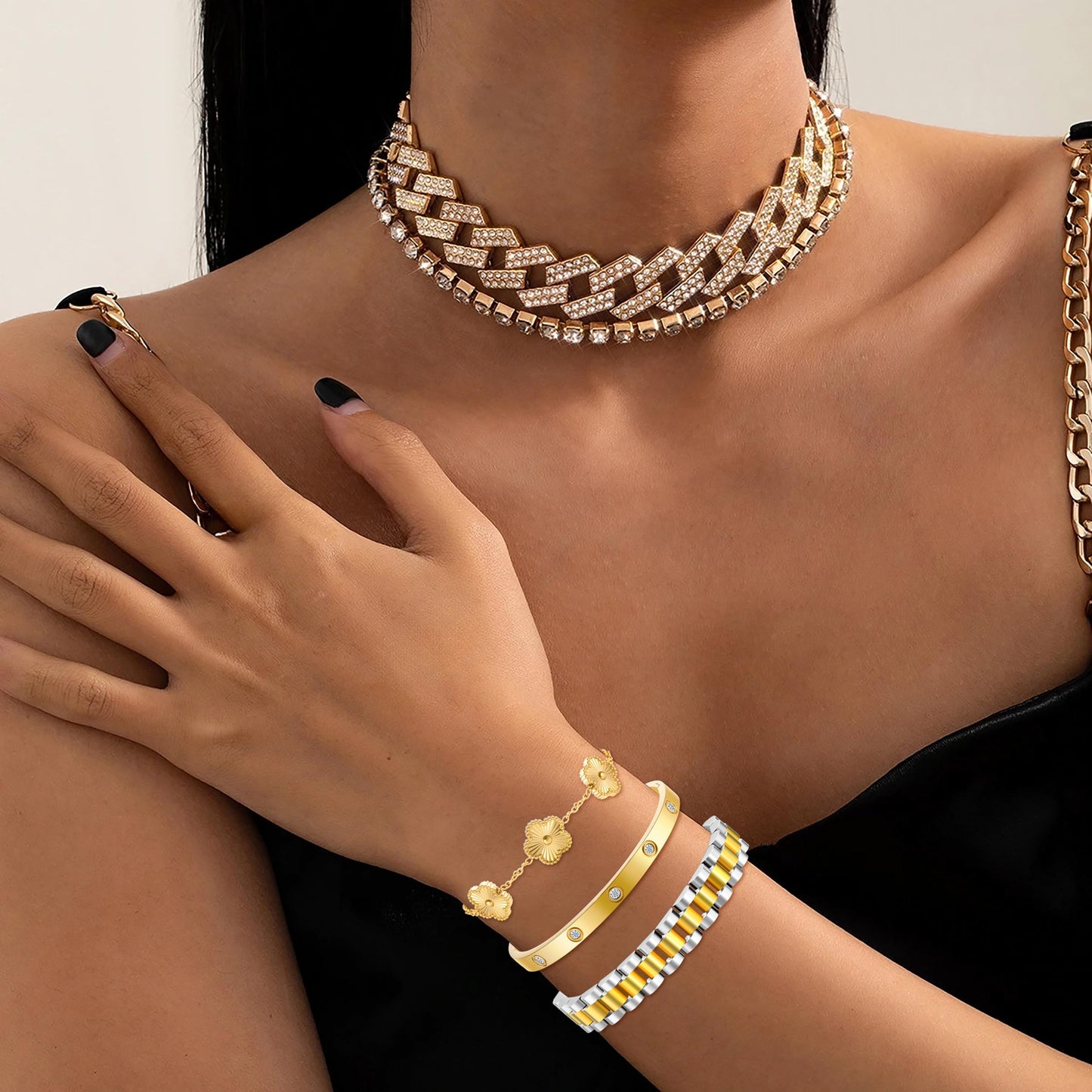 ISELBDR 2PCS 18K Gold Chain Link Bracelets for Women - Stackable Love & Friendship Theme Bangle Bracelet Set,Non-Tarnish Stainless Steel Jewelry with Adjustable Tool. (3pcs-Gold/Silver)
