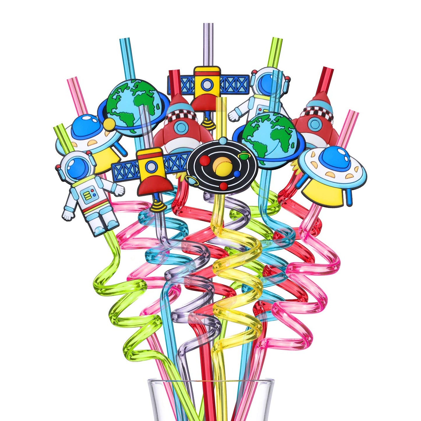 Outer Space Straws Party Favors for Theme Birthday Party Supplies with 2 Cleaning Brush | Solar System Rocket Spaceship Astronaut Satellite Planet Attachments (24+2)