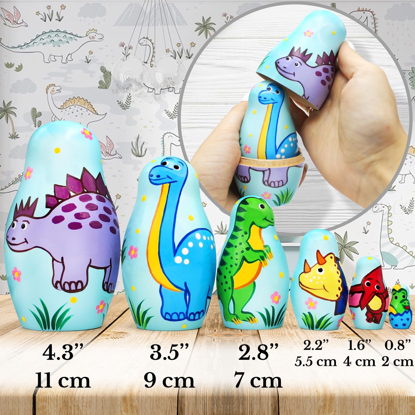 AEVVV Stacking Dinosaur Nesting Dolls Set 6 pcs - Dinosaurus Decor for Dinosaur Lovers - Matryoshka Dolls as Wooden Dinosaur Figurines - Dino Decorations