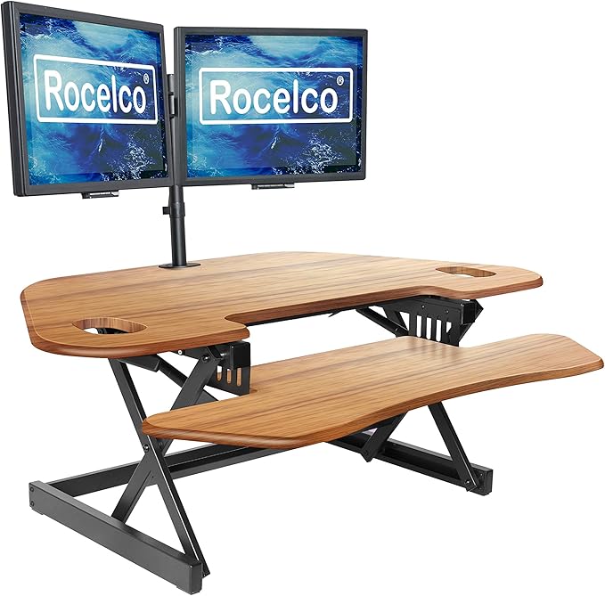 Rocelco 46" Height Adjustable Corner Standing Desk Converter with Dual Monitor Arm BUNDLE - Quick Sit Stand Up Computer Workstation Riser - Extra Large Keyboard Tray - Teak Wood Grain (R CADRT-46-DM2)