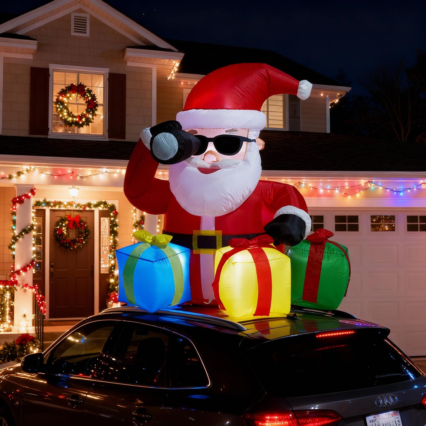 5 FT Christmas Rooftop Inflatable Santa with Telescope & Lighted Gift Boxes for Cars, SUVs, Trucks & Golf Carts, Blow Up Yard Decoration for Lawn, Garden & Indoor Holiday Display
