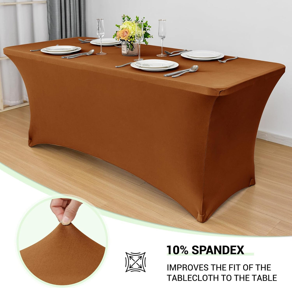 Obstal 6ft Stretch Spandex Table Cover for Standard Folding Tables - Universal Rectangular Fitted Tablecloth Protector for Wedding, Banquet and Party, 72L x 30W x 30H Inches, Light Coffee, 2pc
