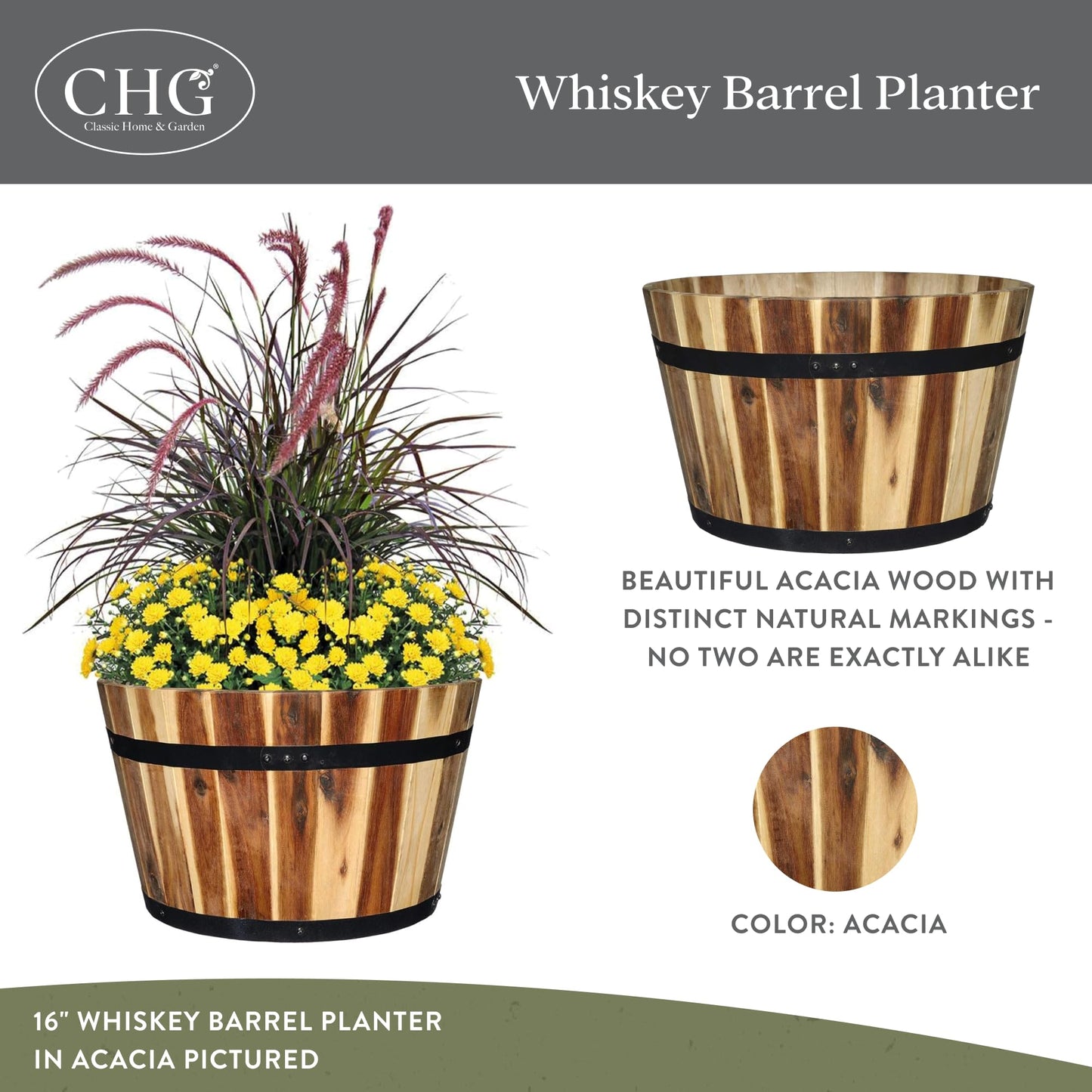Classic Home & Garden 16" Whiskey Barrel Planter, Acacia