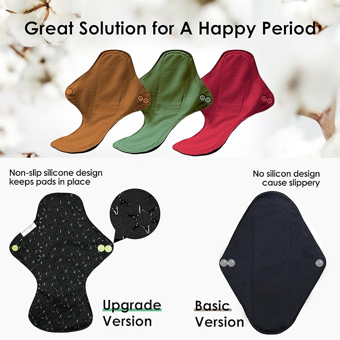 wegreeco 6 Pcs Reusable Menstrual Pads, Ultra Absorbent Cloth Pads for Heavy Flow, Sanitary for Teens, Women, Nonslip Panty Liners + Bag (Aqua, Burgundy, Coffee, S)