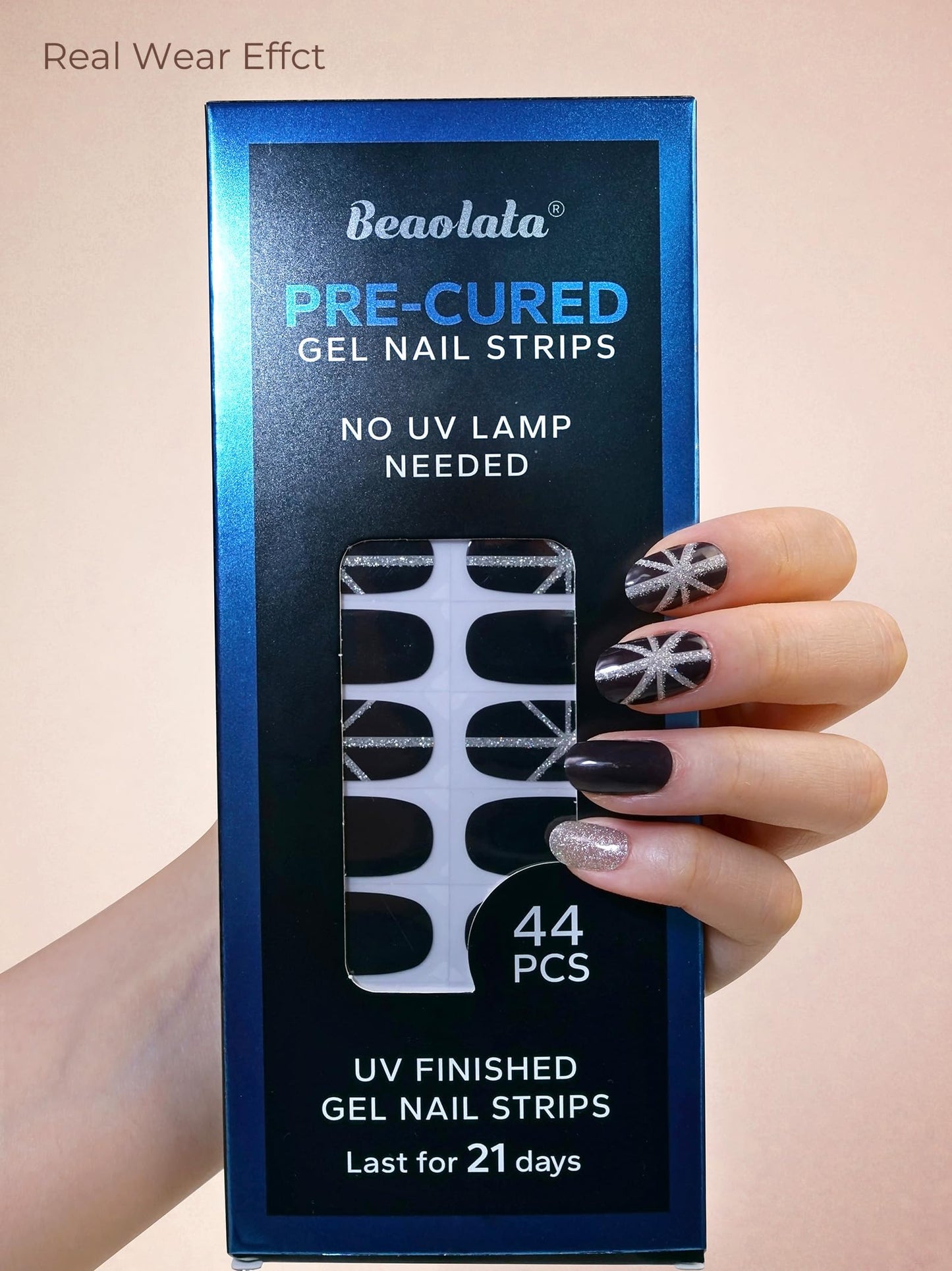 Beaolata Real Gel Nail Strips (No UV Light Needed) - 44Pcs Salon Quality Nail Stickers - Long Lasting Polish Wraps for Women, Easy Apply & Remove (Sultry Black