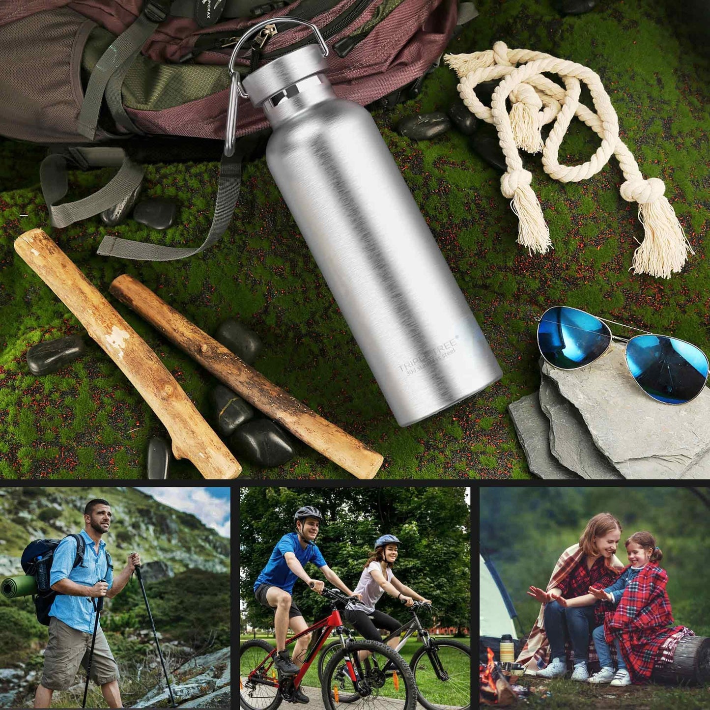 Triple Tree 34OZ Vacuum Insulated Stainless Steel Water Bottle, Double Wall Wide Mouth Lids Keeps beverage Hot or Cold Sweat Proof