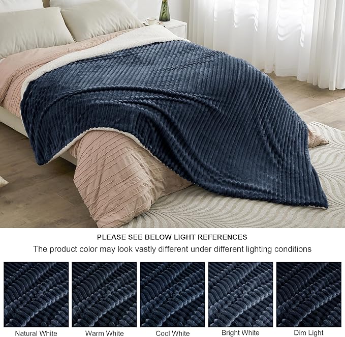 INFIIXSO Sherpa Fleece Queen Size Blanket - Super Soft & Warm Striped Fleece, Cozy Plush Fluffy Large Bed Blanket All Season Use (Navy Blue, 90x90 Inches)