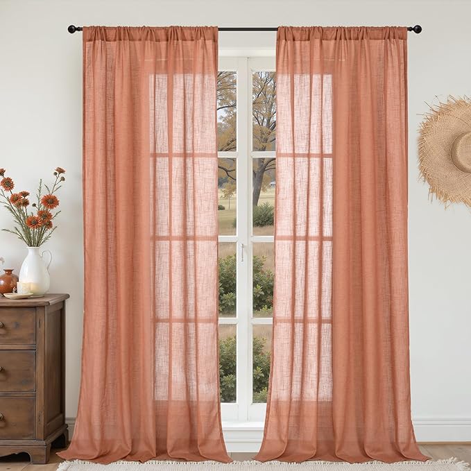 BGment Linen Semi Sheer 80 Inch Curtains for Living Room Windows, Terracotta Light Filtering Drapes with Rod Pocket for Bedroom Dining Burnt Orange Lightweight, 2 Panels Set, Each 52 Inch Wide