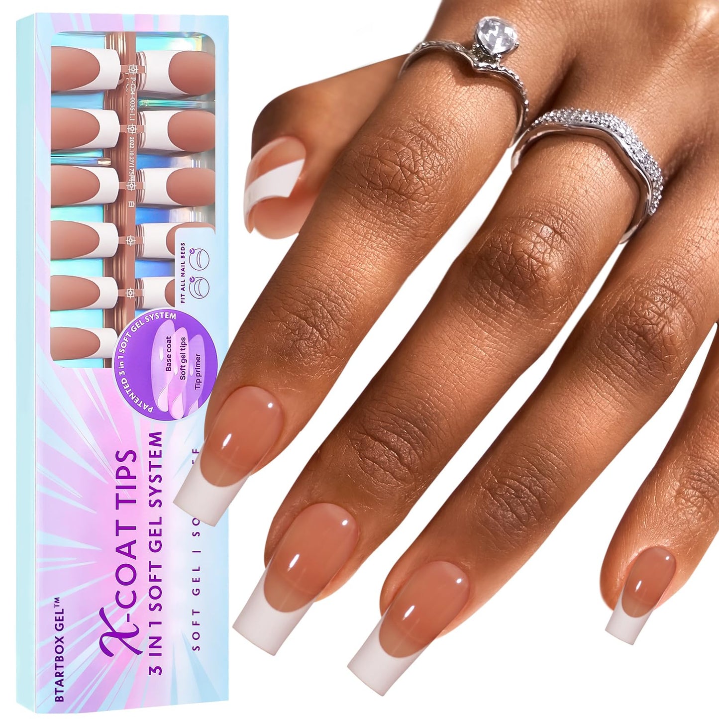 BTArtboxnails XCOATTIPS French Tip Nails, 150pcs Long Square Brown Press on Nails, Gel Nails for DIY Nail Art