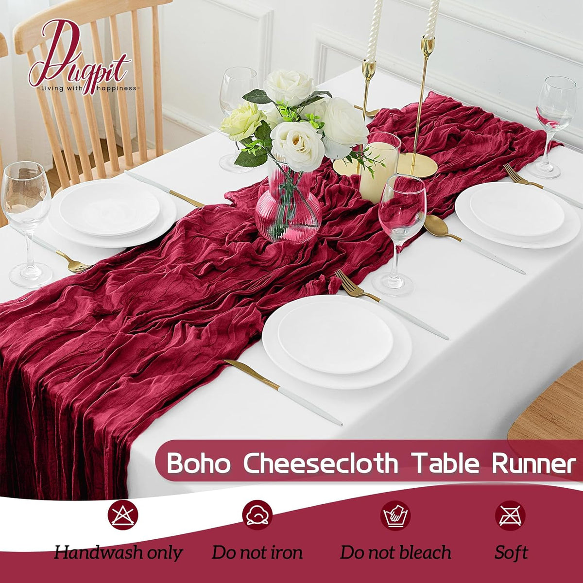 16Pack Burgundy Cheesecloth Table Runner 10FT Gauze Cheese Cloth Table Runner 35x120Inch Long Boho Spring Easter Table Runners Rustic Sheer Table Runners for Wedding Baby Shower Bridal Shower Decor