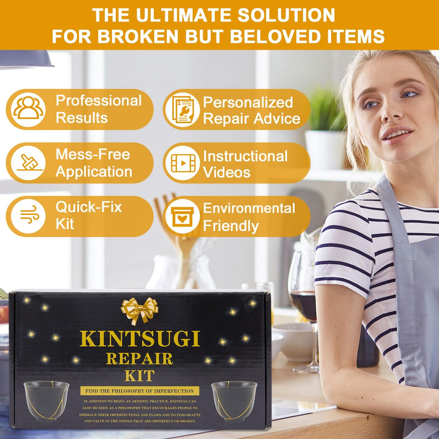 deuvuo Kintsugi Repair Kit Gold, 21 Pcs Authentic Kintsugi Repair Kit to Revive Your Broken Ceramic, Pottery, Mug, Bowl, Glass Keepsakes with Ease - Japanese Art DIY Set Bio for Beginners