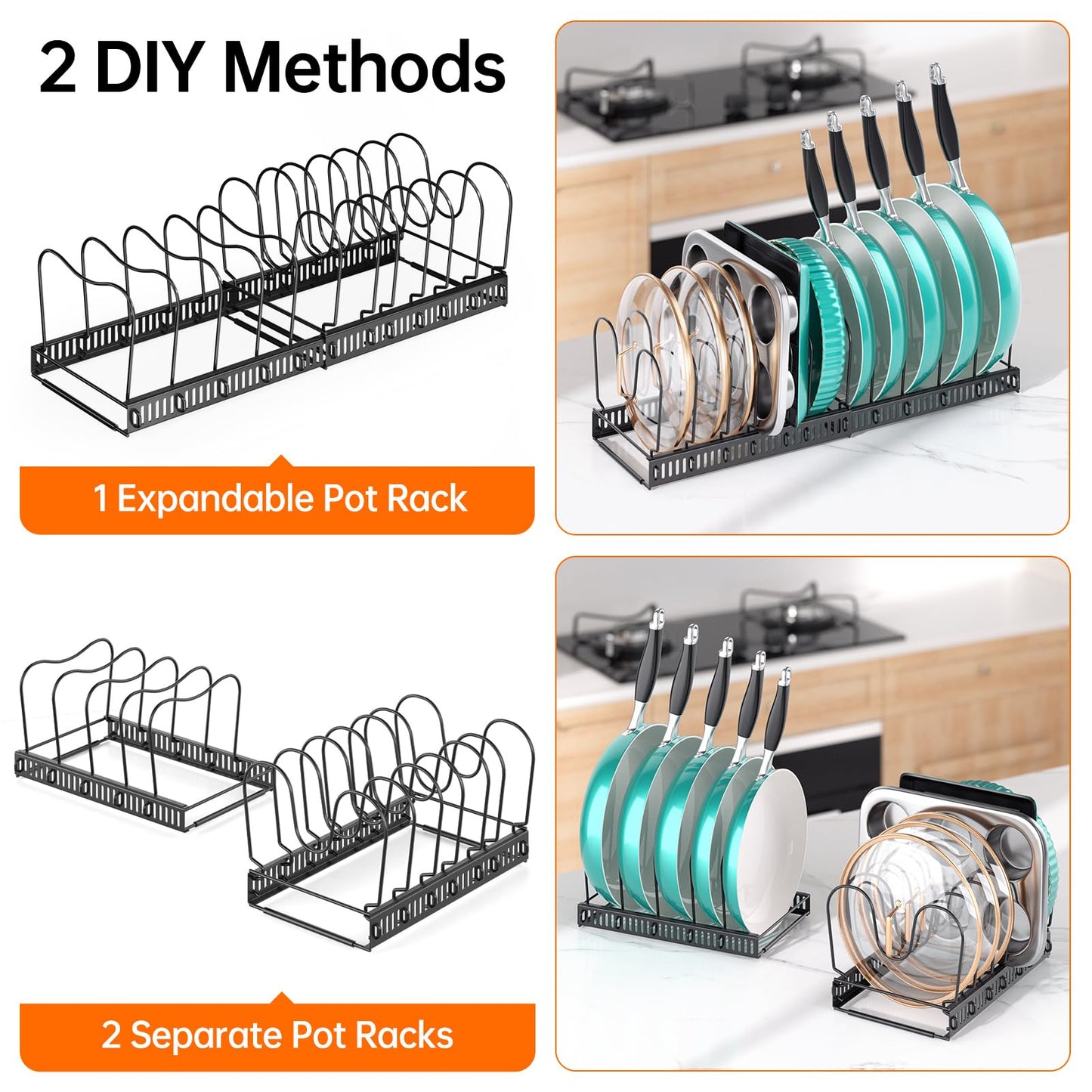 MUDEELA Expandable Pots and Pans Organizer Rack under Cabinet, Pots Lid Organizer Rack for Kitchen Cabinet Organizers and Storage with 12 Adjustable Dividers Cutting Board Holder & Anti-Scratch Strips
