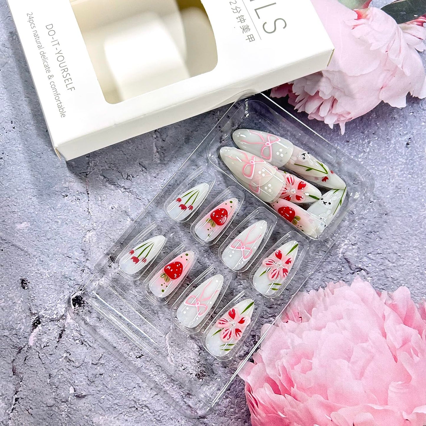 CJDLTS Flower Press on Nails Medium Almond Shaped 3D Cute Floral Blush Strawberry with Glossy Rabbit Pearl Stick on Nails Full Cover Artificial Acrylic Fingernails Glue on Nail for Women Manicure