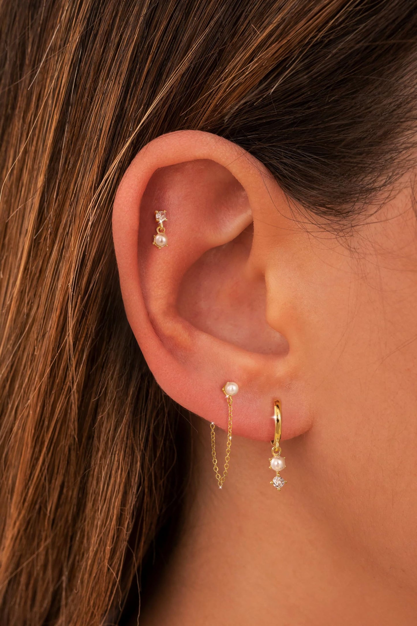 Moodear Dainty Pearl Studs Drop Hoop Earrings for Women - Trendy 14K Gold Plated Dangle Chain Baroque Pearls Hypoallergenic Earring Sets for Multiple Piercing