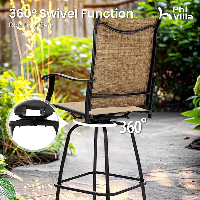 PHI VILLA Outdoor Swivel Patio Bar Set of 9, Patio Bar Table and Chairs Set with High Top Patio Chairs and Wood Like Bar Table, All-Weather Outdoor Bar Furniture Set for Garden, Brown