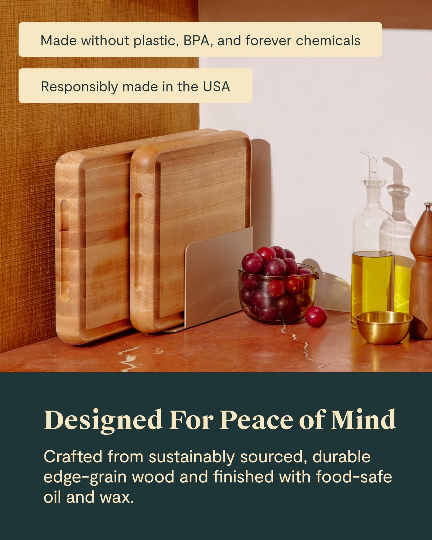 Caraway 3-Piece Prep & Serve Butcher Block Set, Includes 17” Rectangle Cutting Board, 12” Square Cutting Board and Metal Storage Rack, Maple