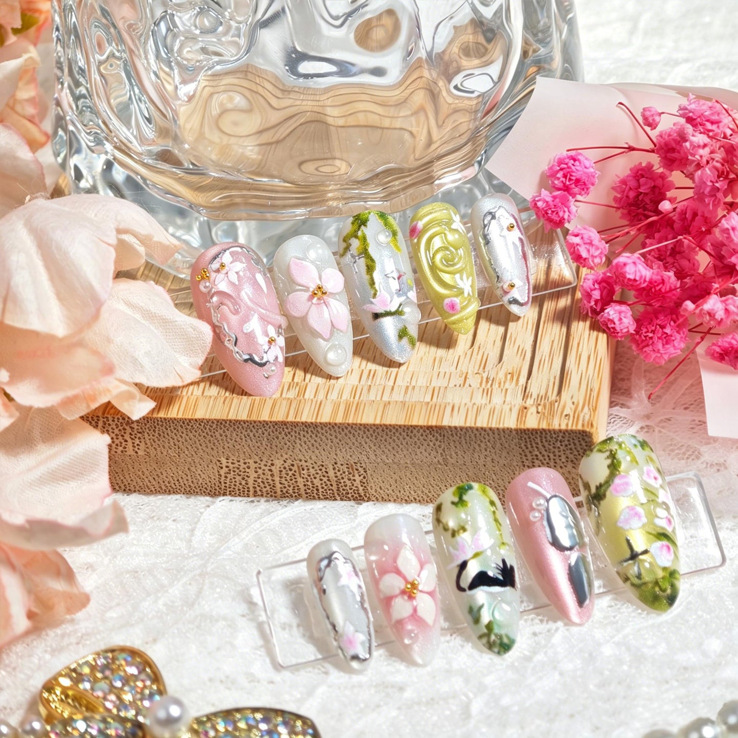 24Pcs Spring Flower Press on Nails Medium Almond Fake Nails 3D Green Leaves with Pink Floral Glossy Design Full Cover Reusable Artificial Cute Cat False Nails Stick on Nails for Women Acrylic
