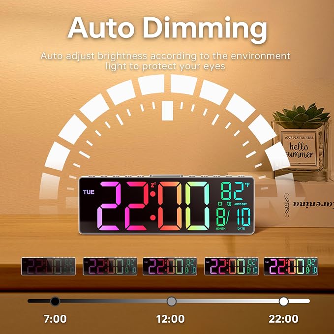 JALL 10.5'' Large Digital Alarm Clock with Big LED Number, Remote Control, RGB Colors,Timer, Dual Alarm, Temperature for Back to School Classroom, Bedroom, Living Room, Gift for Senior Student Teacher