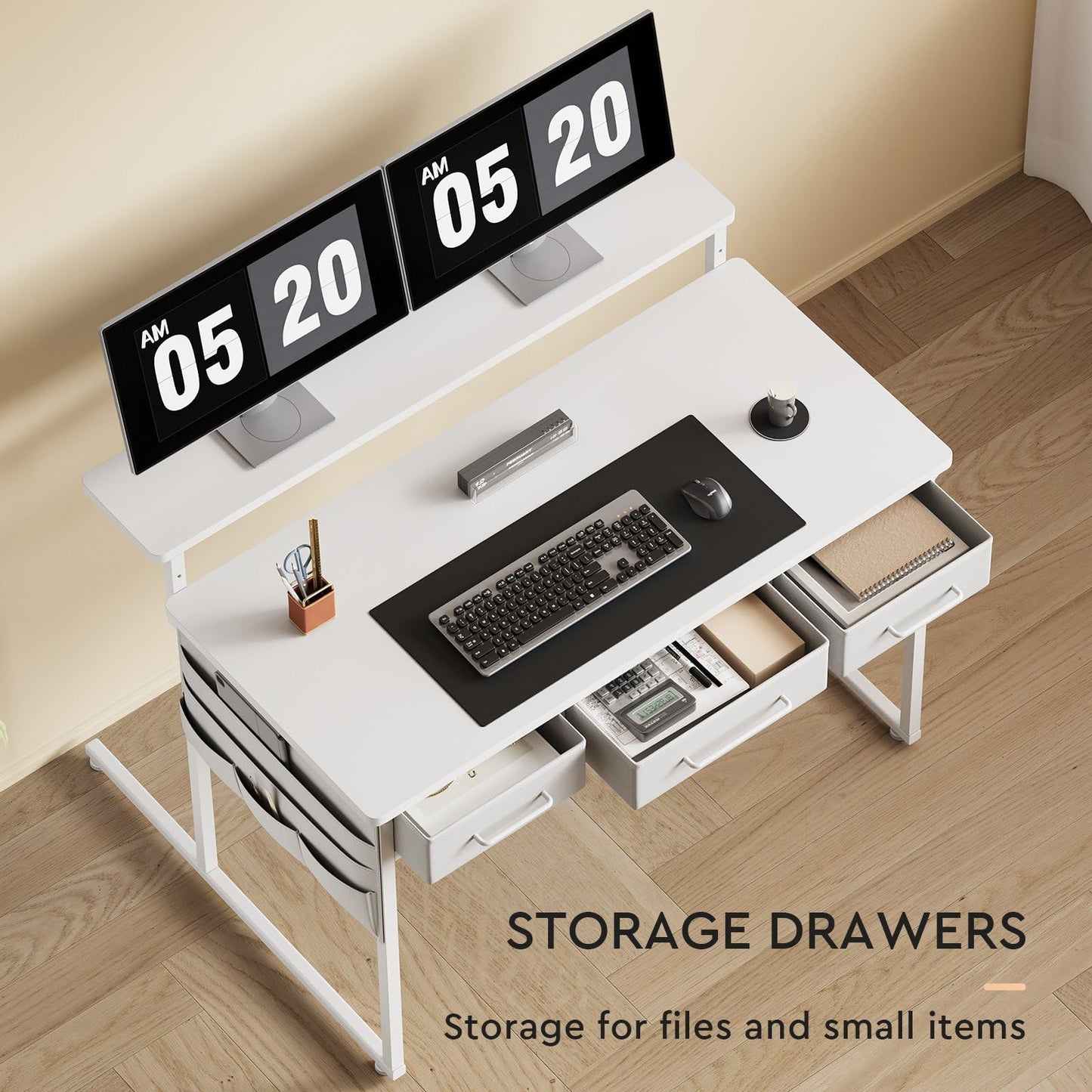 Maihail Small Desk with Drawers, 39.4X15.8-22.9 Inches Office Computer Desk with Side Pocket & Ergonomic Monitor Stand, Writing Table for Small Spaces, Bedroom, White