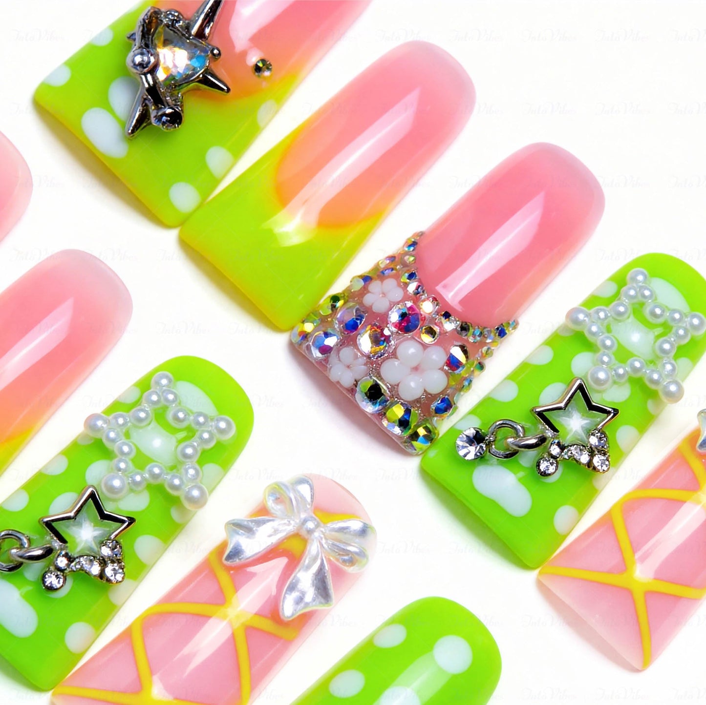 IntoVibes 10 Pieces Luxury Acrylic Press On Nails Long Handmade Duck Nails, Green Thickened False French Nails, With 3D Bowknot And Stars, Reusable Fake Nails, Acrylic Nails (L)