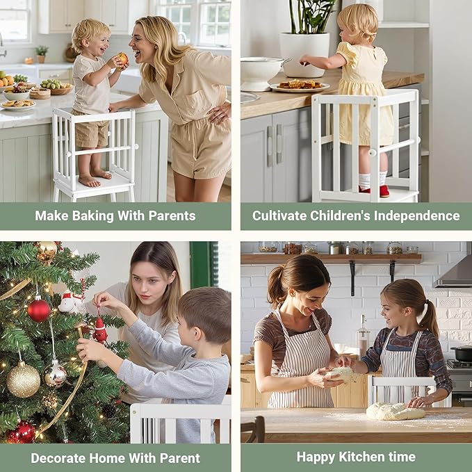 COSYLAND Kids Kitchen Step Stool Helper with Gloves Removable Anti-Drop Railing Safety Rail, Non-Slip Mat Standing Tower Stepping Stool for Toddlers Bathroom Sink Counter Learning 1.5-3 Years White