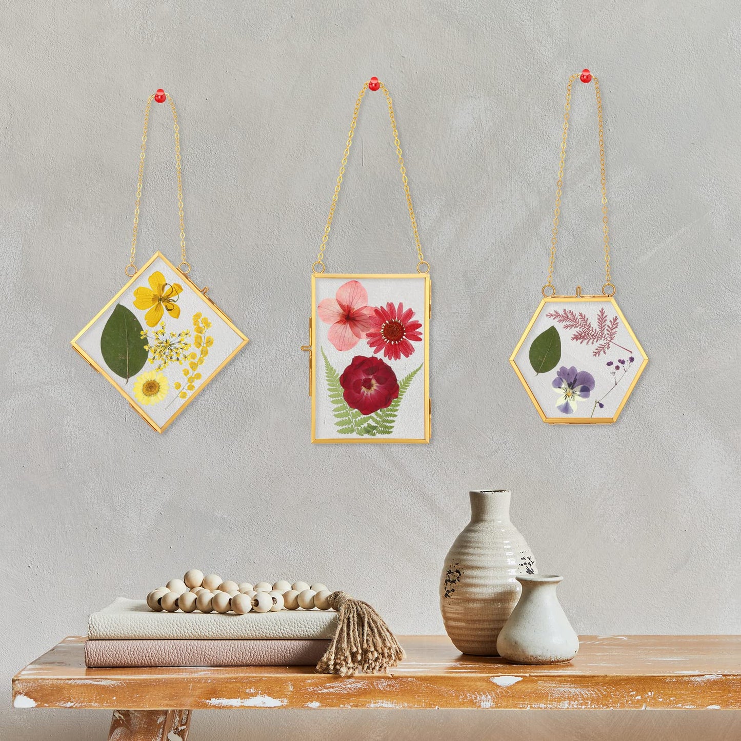 Bucherry 5 Pcs Glass Frame for DIY Pressed Flowers Art Brass Hanging Photo Picture Frame with Chain and 6 Styles Pressed Flowers Collage Glass Craft Frames for Wall Decor Display Gallery (Gold)