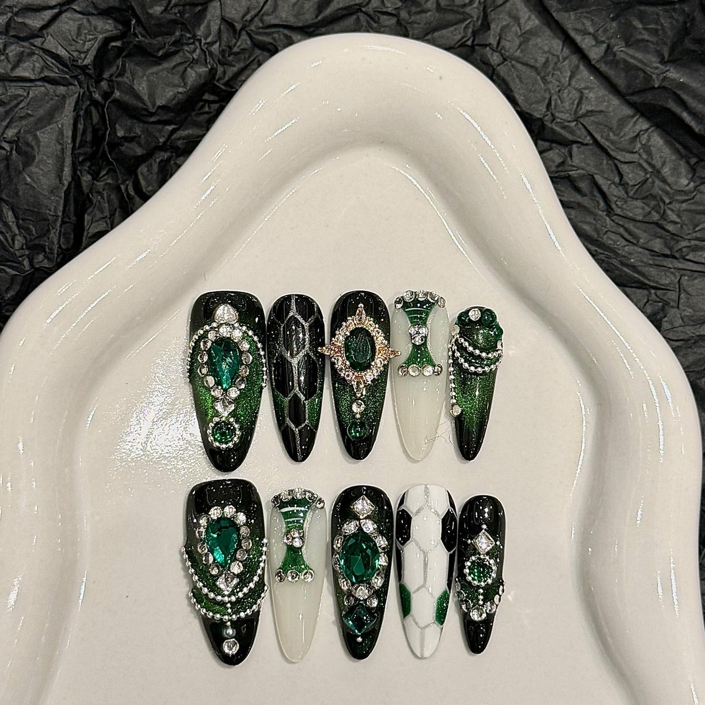 Yacey Luxury Emerald Handmade Press on Nails, Long Almond Reusable False Nails Press Ons, Gemstone Cat Eyes Thick Acrylic Fake Nails, 3D Bling Glue on Nails for Women Girls (10 Pcs, M)