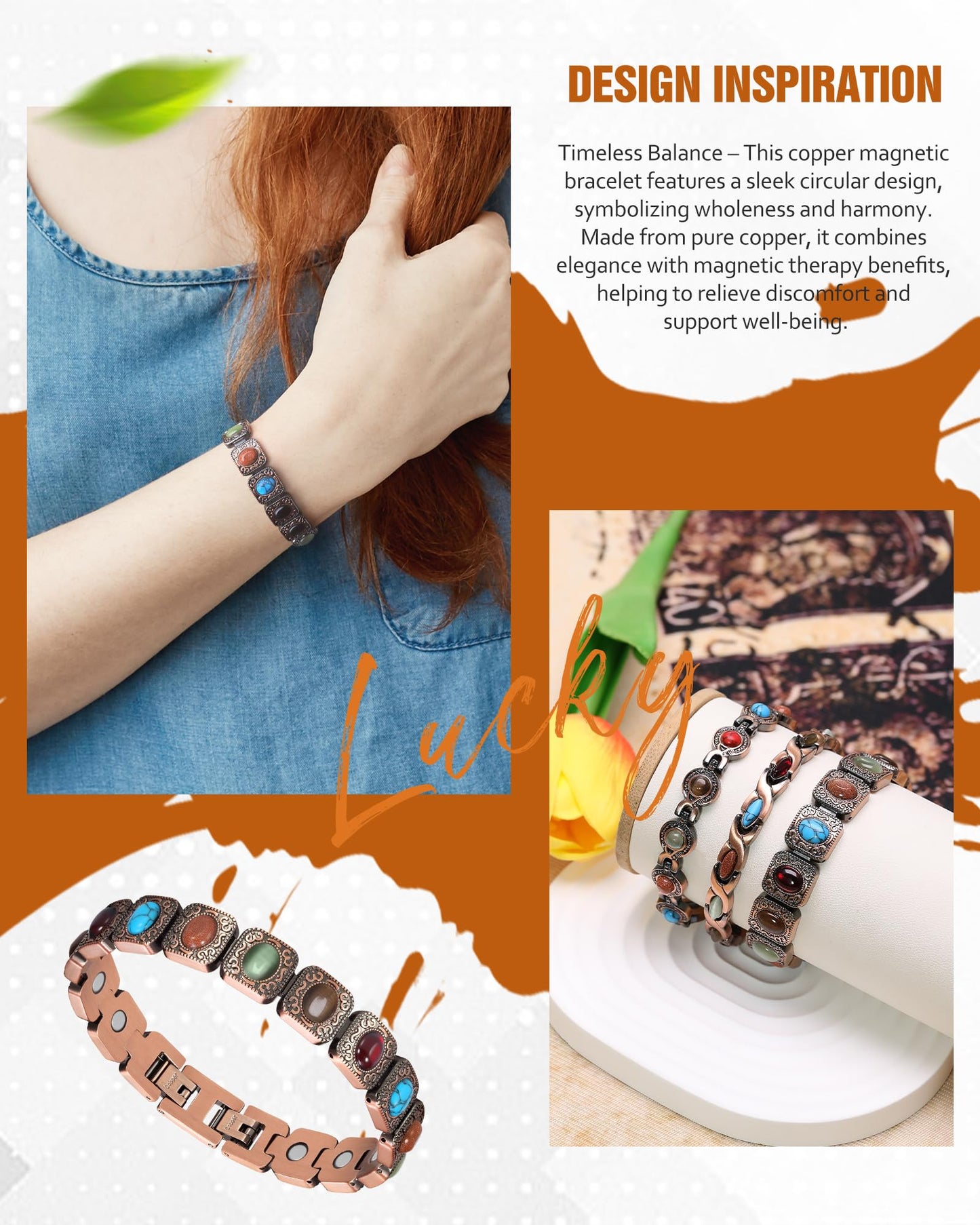 Jecanori Copper Bracelets for Women, Magnetic Bracelets for Women with 3800 Gauss Ultra Magnets and Sizing Tool