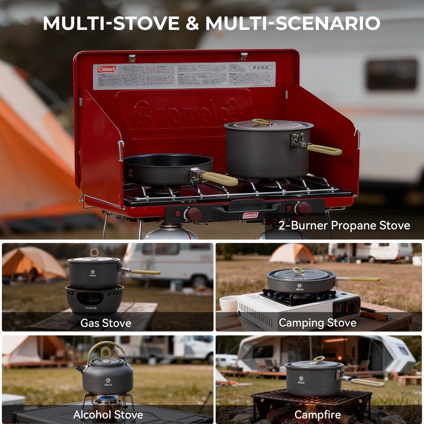 Alocs Camping Cookware, Portable Non-Stick Camping Pan Set with Enhanced Handle, Ideal for Outdoor Kitchen, Picnic, Hiking and Fishing