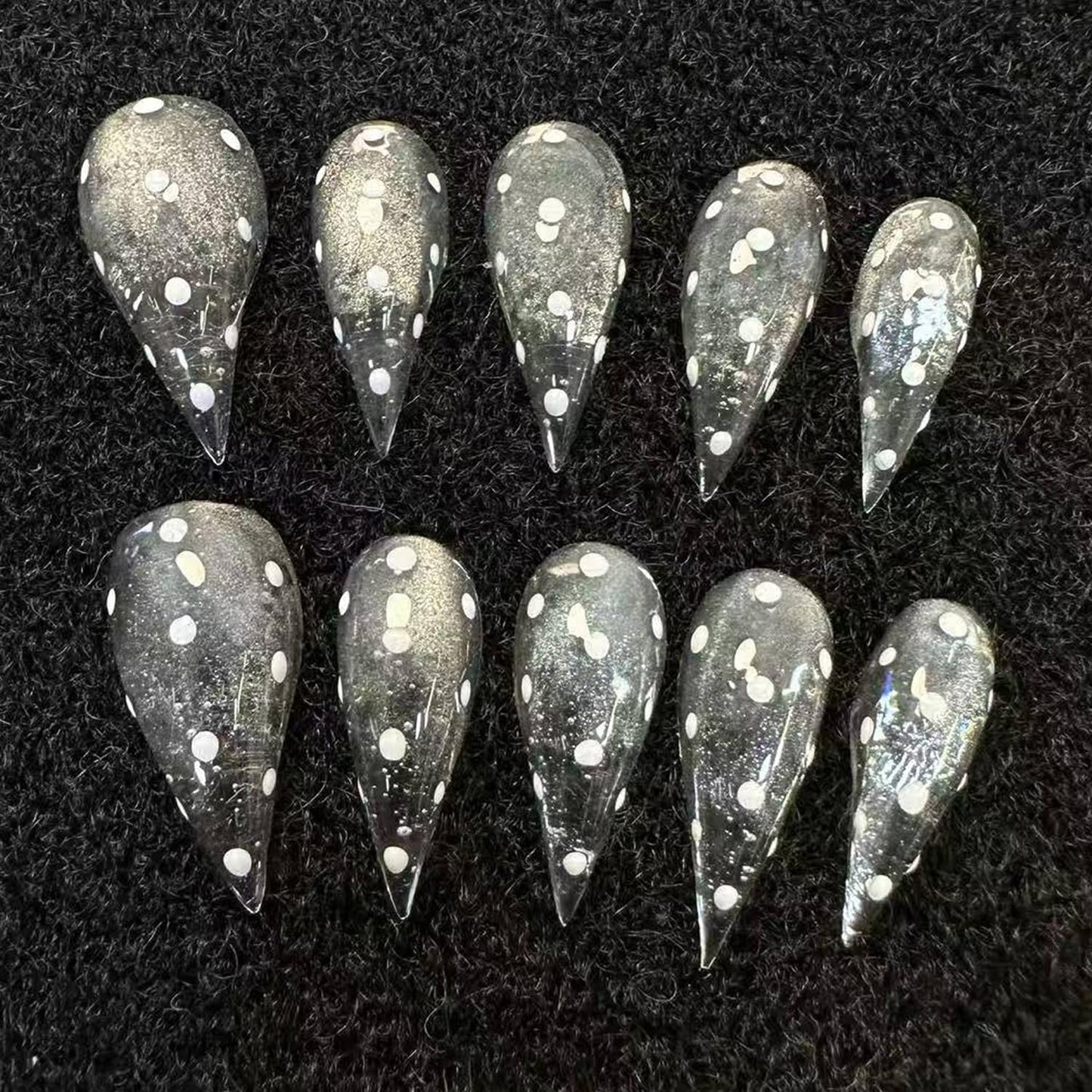 Handmade Press on Nails Medium Stiletto Fake Nails Unique Eagle Claw Thick Acrylic Nails Transparent False Nails with Polka Dots Glitter Cat Claw Designs Glossy Glue on Nail Sturdy Nail Art 10Pcs(S)