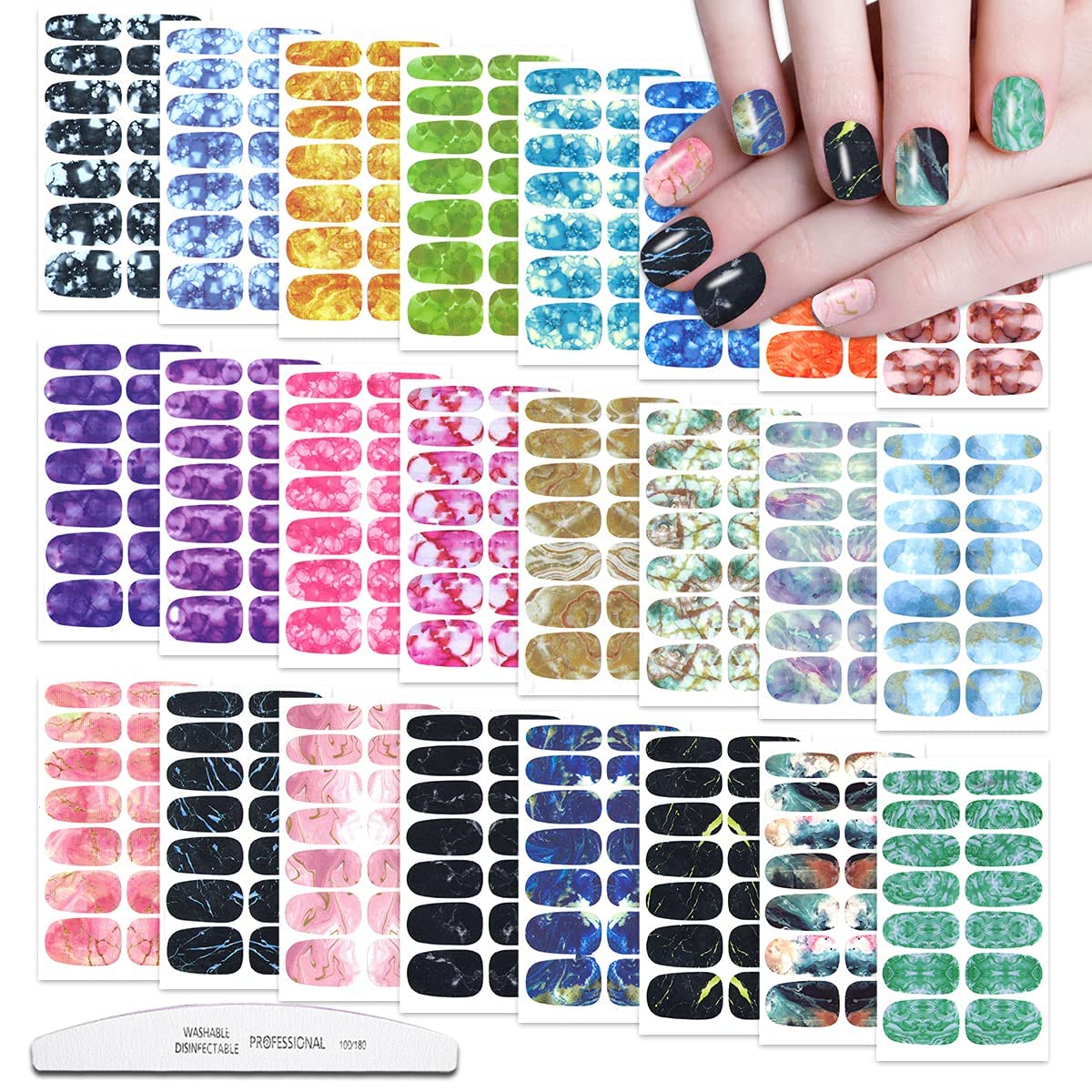 JERCLITY 24 Sheets Candy Gradient Color Marble Real Nail Polish Strips Stickers Adhesive Marble Nail Decals Stickers Full Nail Wraps for Women DIY Nail Art