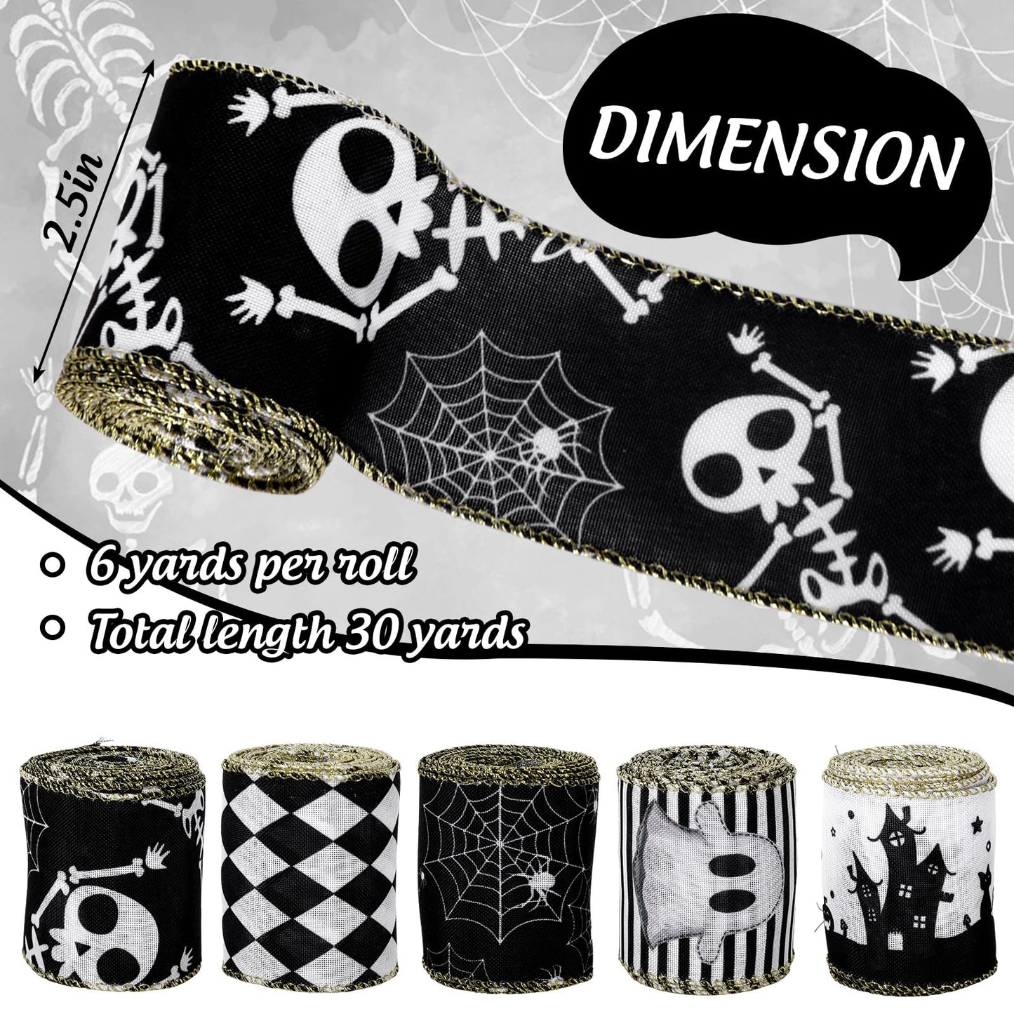 JarThenaAMCS 5 Roll Halloween Wired Edge Ribbon - 2.5 Inch, 30 Yards Ghost Skeleton Spider Web - White & Black Spooky Gift Wrap Ribbon for Bow, Wreath, Craft & Party Decor