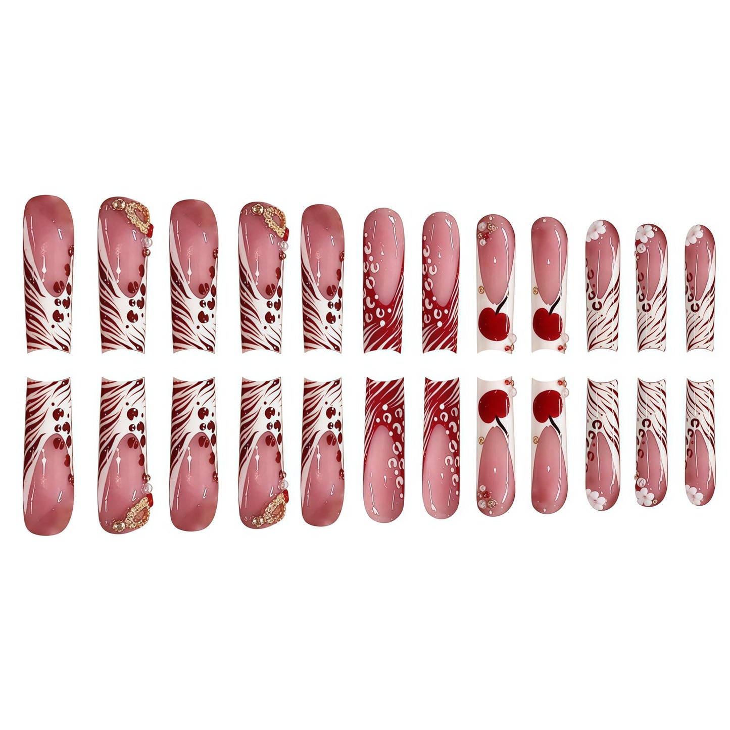 Long Press on Nails Square Fake Nails Red Acrylic Nail Press Ons Seeneey Cherry and Gold Charm Designs Leopard Stick on Nail for Women 24pcs